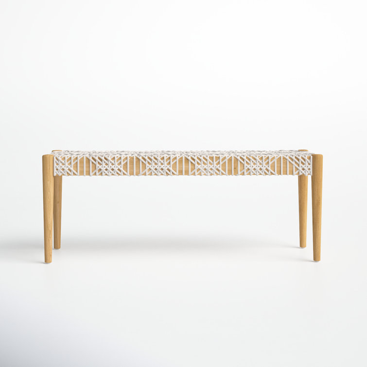 Transitional Natural Teak & Brown Leather Weave Bench, 47"