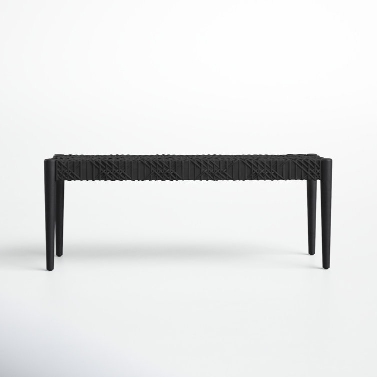 Alpine Elegance Black Cowhide Leather and Teak Bench, 47"
