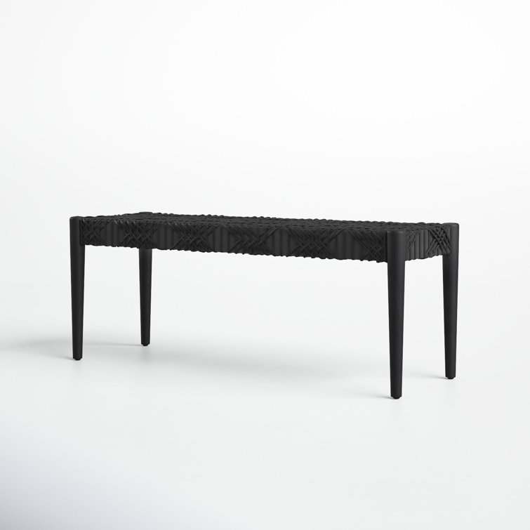 Alpine Elegance Black Cowhide Leather and Teak Bench, 47"