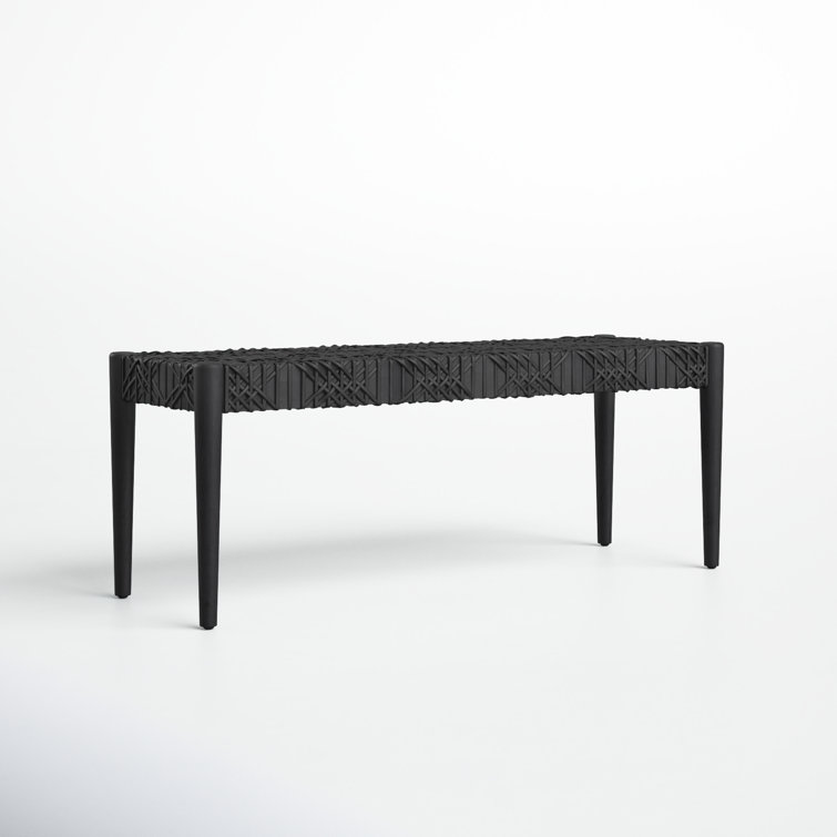 Alpine Elegance Black Cowhide Leather and Teak Bench, 47"