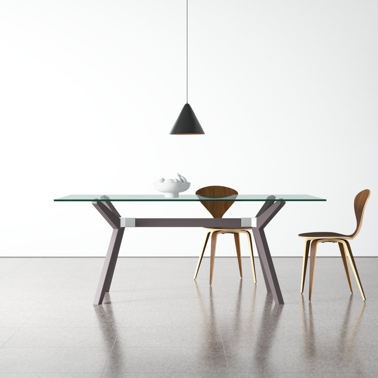Clear Glass Top Gray Wood Base Rectangular Dining Table for Six