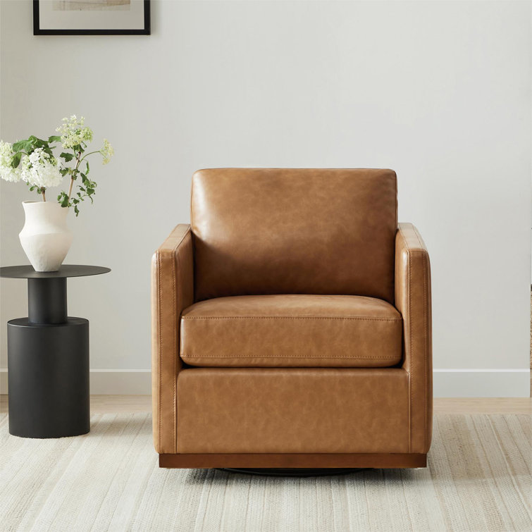 Saddle Brown Faux Leather Swivel Accent Chair Set with Wood Base