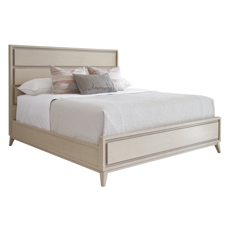 Beige Oak Queen Panel Bed with Wood Headboard and Drawer