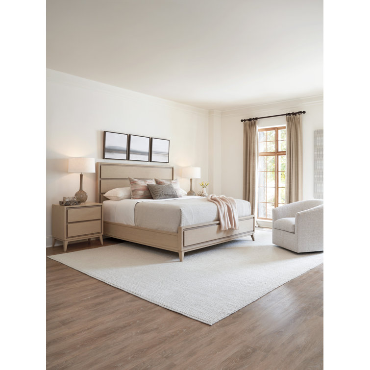 Beige Oak Queen Panel Bed with Wood Headboard and Drawer