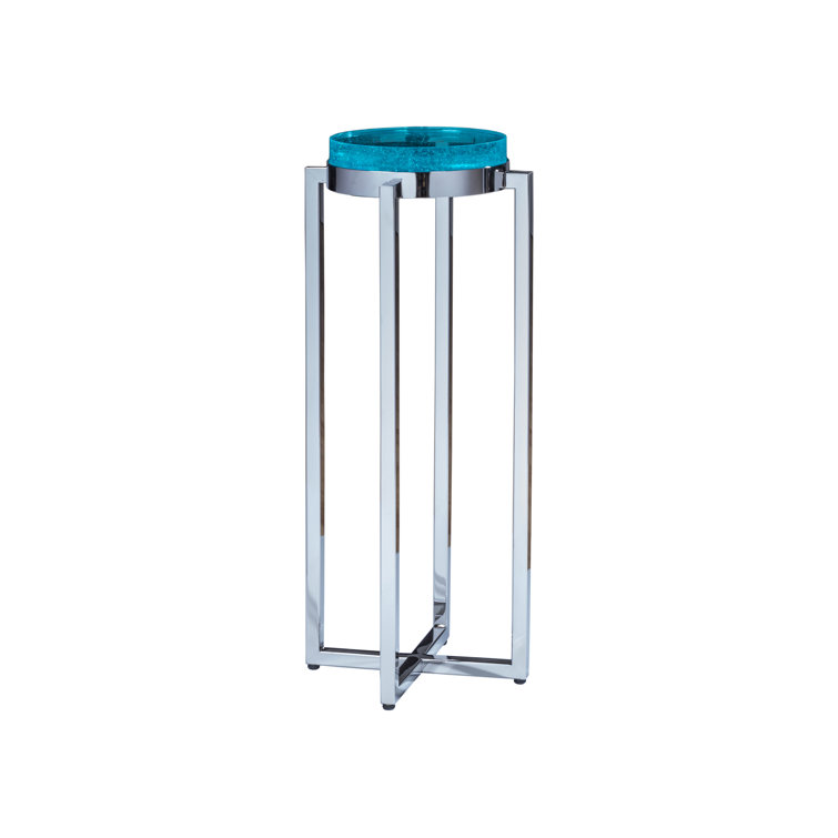 Contemporary Round Blue Glass and Chrome Metal End Table