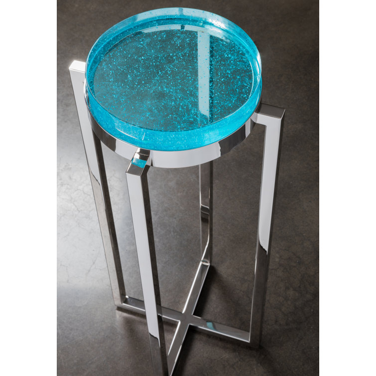 Contemporary Round Blue Glass and Chrome Metal End Table
