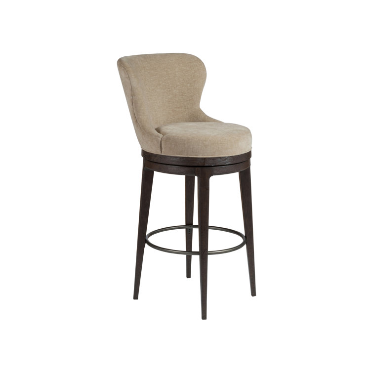 Beige and Brown Wood Swivel Bar Stool with Metal Footrest