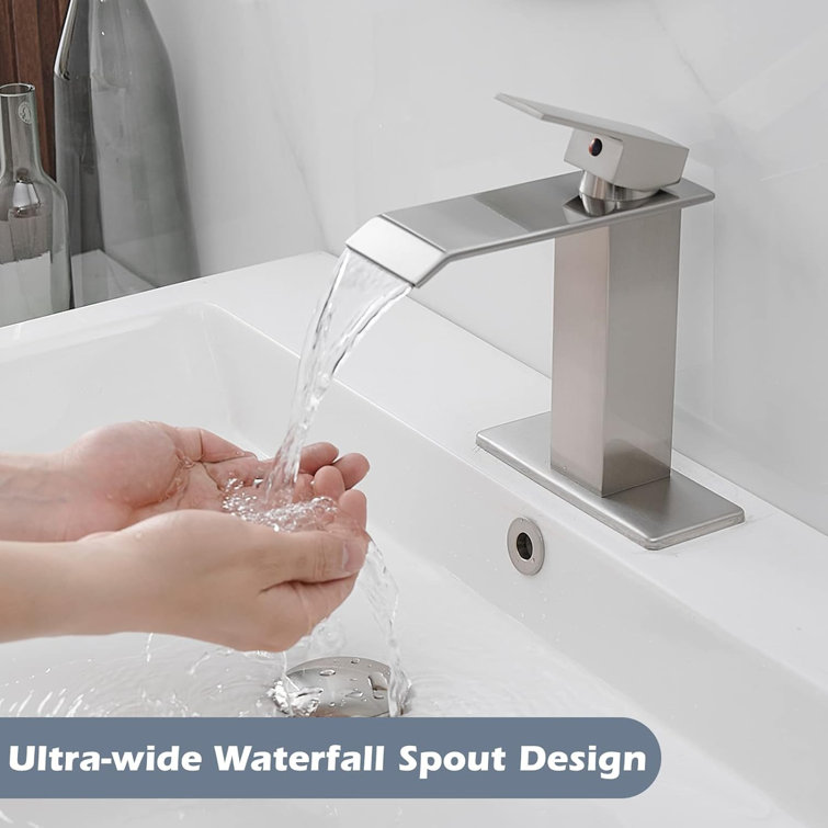 Brushed Nickel Single-Handle Waterfall Bathroom Faucet with Drain