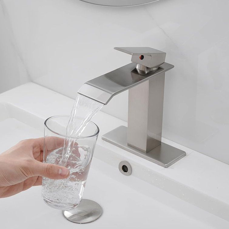 Brushed Nickel Single-Handle Waterfall Bathroom Faucet with Drain