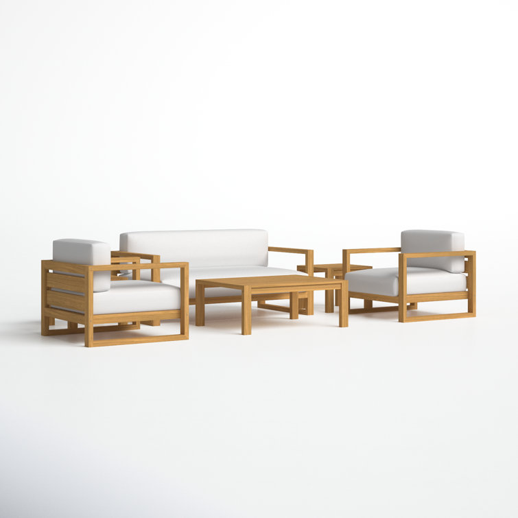 Upland Modern Teak 6-Piece White Cushion Outdoor Patio Set