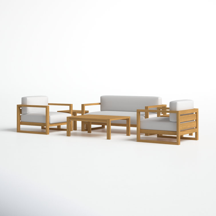 Upland Modern Teak 6-Piece White Cushion Outdoor Patio Set