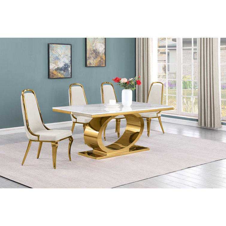 Cream and Gold Marble Top Pedestal Dining Set with 4 Chairs