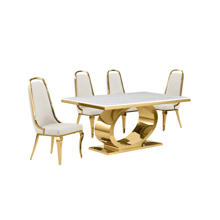 Cream and Gold Marble Top Pedestal Dining Set with 4 Chairs