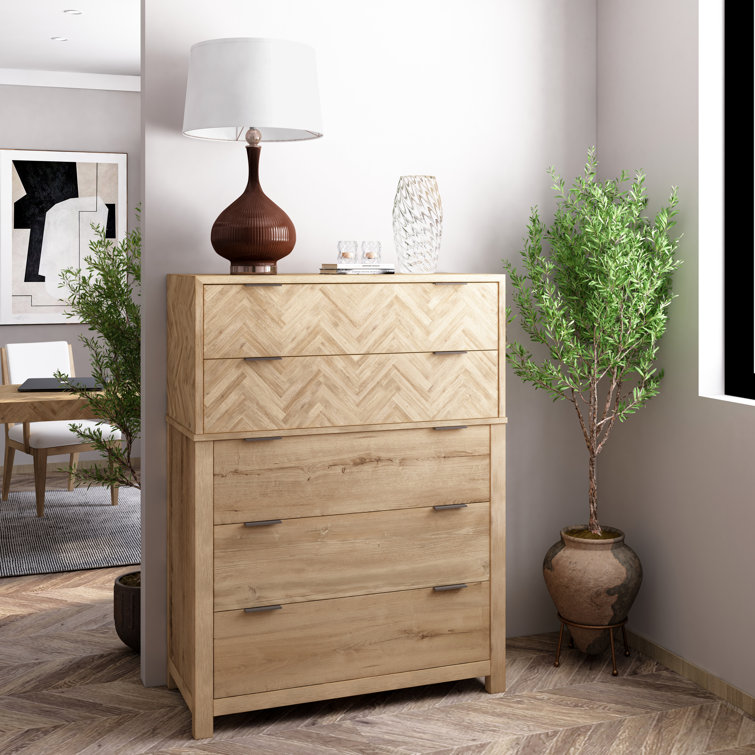 Carlile Washed Oak and White Herringbone 5-Drawer Dresser