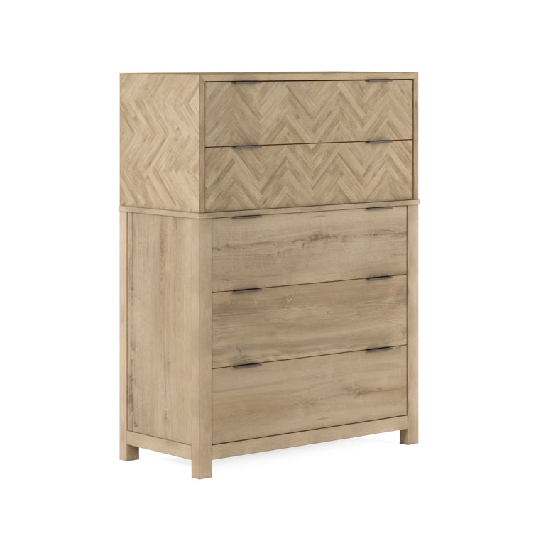 Carlile Washed Oak and White Herringbone 5-Drawer Dresser