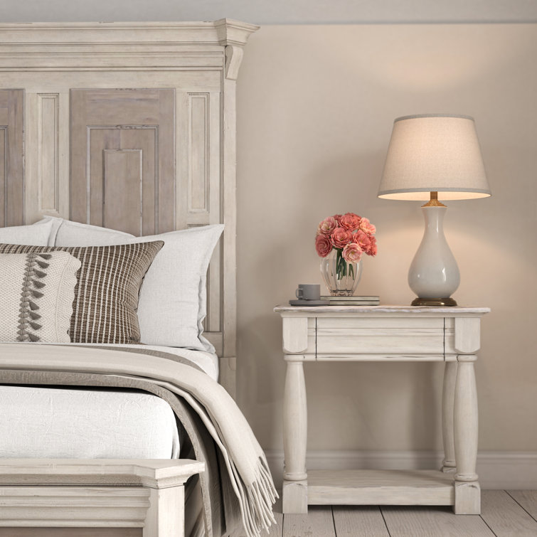 White Distressed Solid Wood Nightstand with Drawer