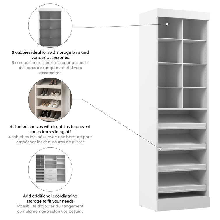 Modern White 25" Cubby Storage Tower with Slanted Shelves