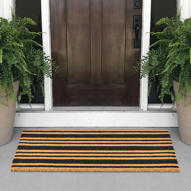 Elegant Natural Coir 36"x22" Outdoor Doormat with Non-Slip Backing - Black Stripe