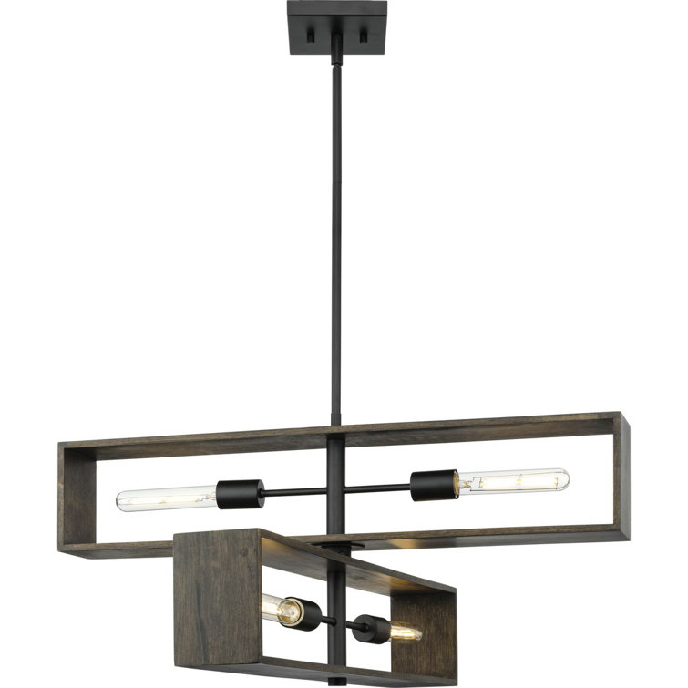 Matte Black and Wood 4-Light Geometric Chandelier