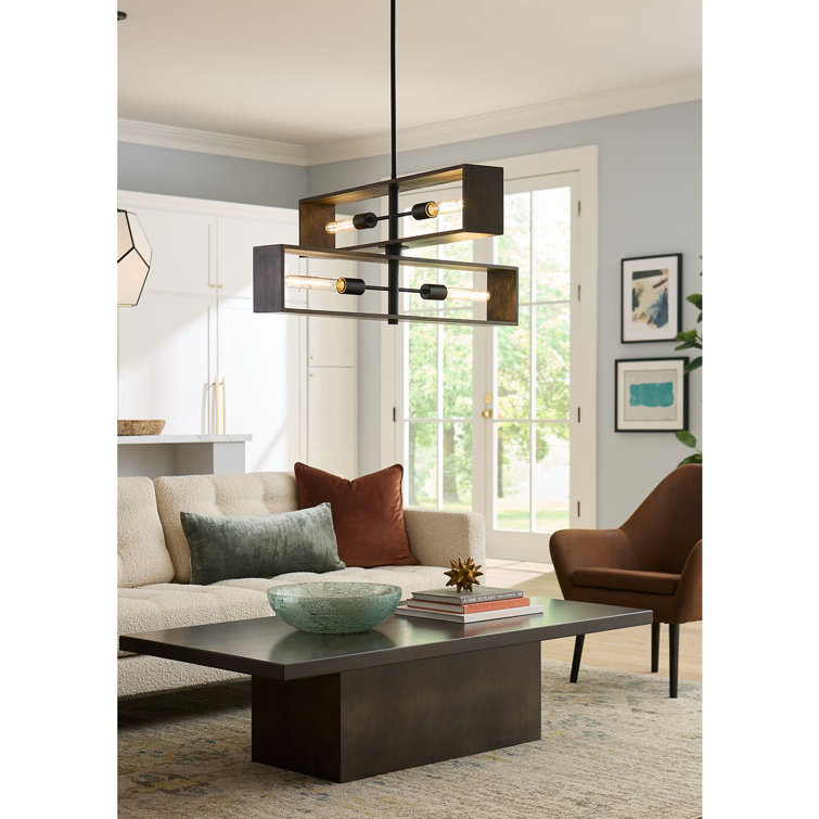 Matte Black and Wood 4-Light Geometric Chandelier