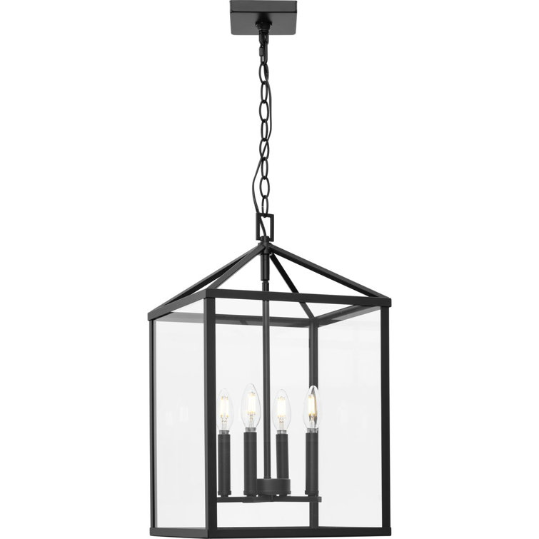 Hillcrest Matte Black 4-Light Foyer Pendant with Clear Glass Panels