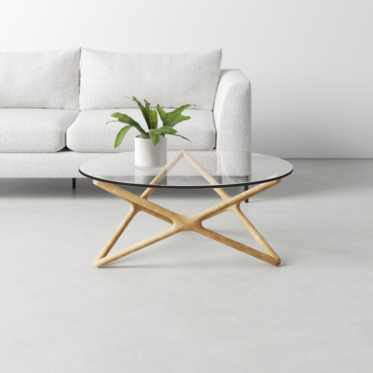 Natural Wood X-Leg Round Glass Coffee Table
