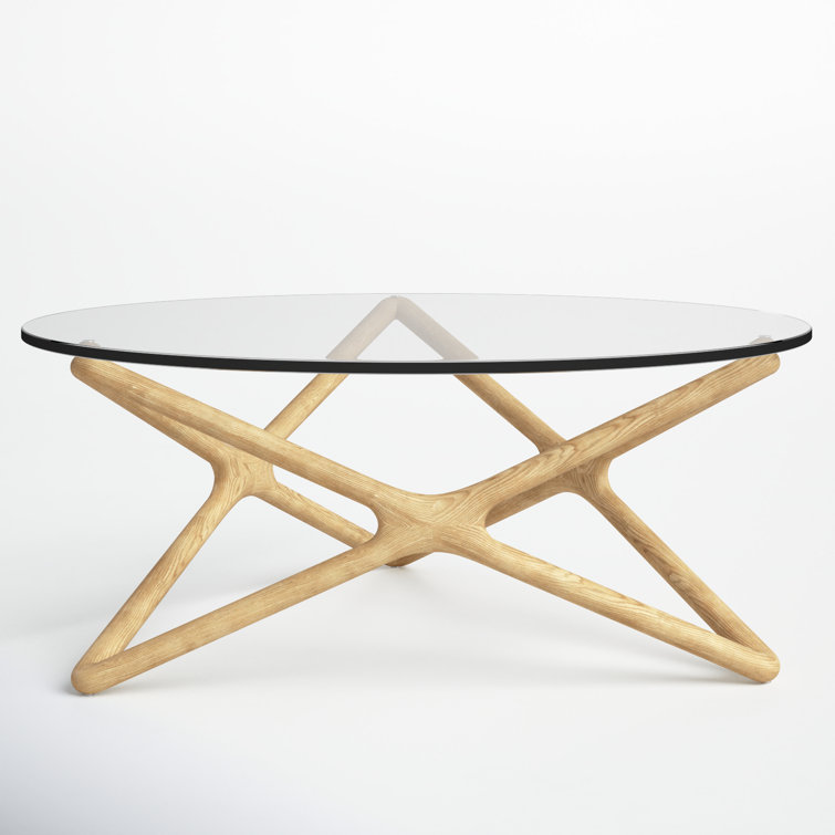 Natural Wood X-Leg Round Glass Coffee Table