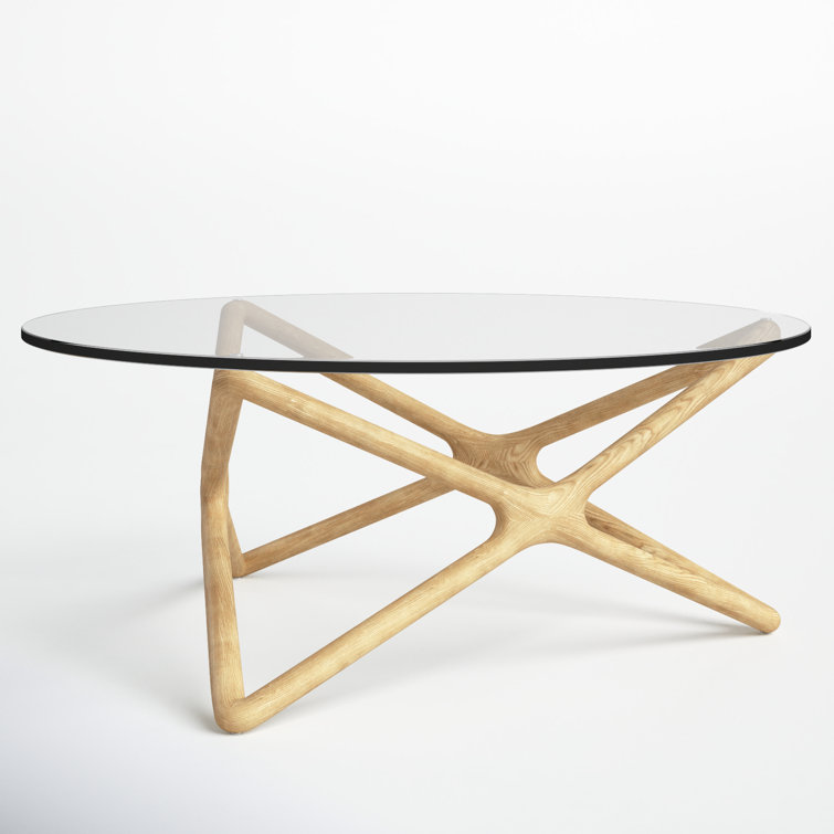 Natural Wood X-Leg Round Glass Coffee Table