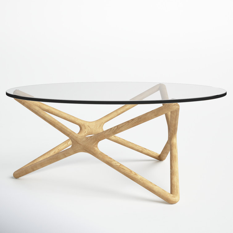 Natural Wood X-Leg Round Glass Coffee Table