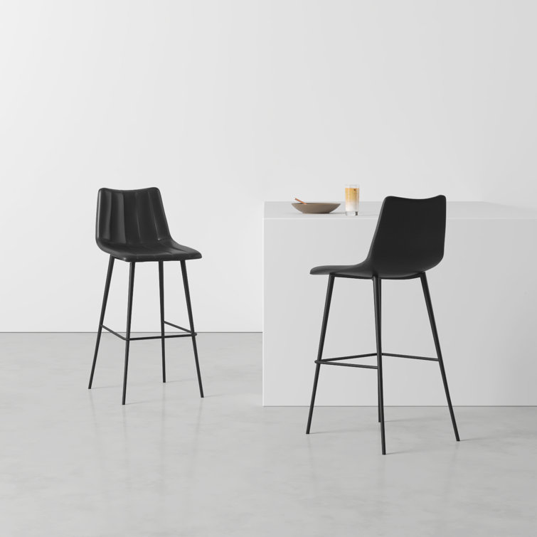Black Vegan Leather Low Back Counter Stools with Steel Frame, Set of 2