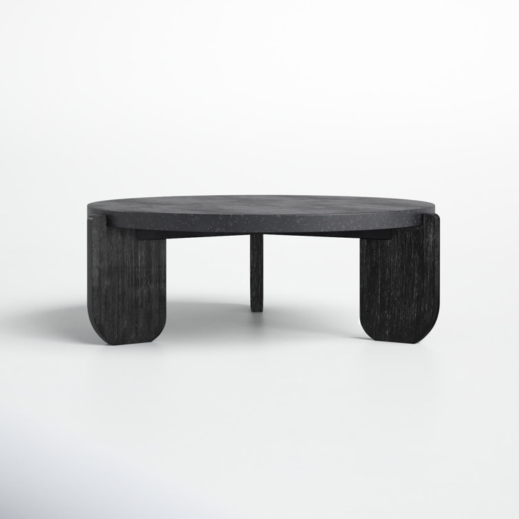 Black Round Stone Top Coffee Table with Acacia Legs
