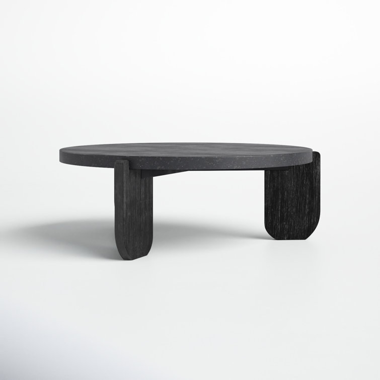 Black Round Stone Top Coffee Table with Acacia Legs