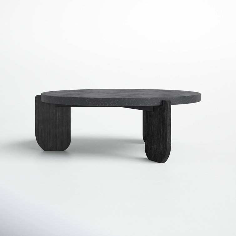 Black Round Stone Top Coffee Table with Acacia Legs