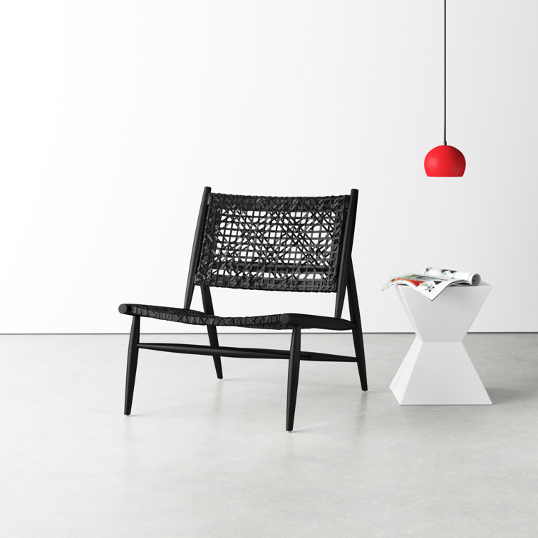 Transitional Black Leather and Wood 26'' Accent Chair
