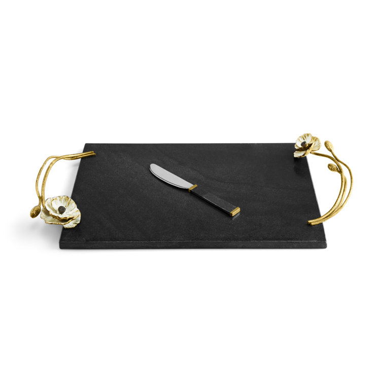 Black Marble Rectangular Cheese Board Set with Gold Embellishments