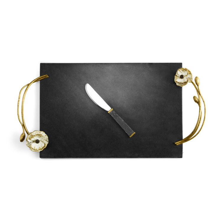 Black Marble Rectangular Cheese Board Set with Gold Embellishments