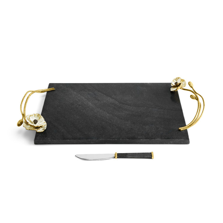 Black Marble Rectangular Cheese Board Set with Gold Embellishments