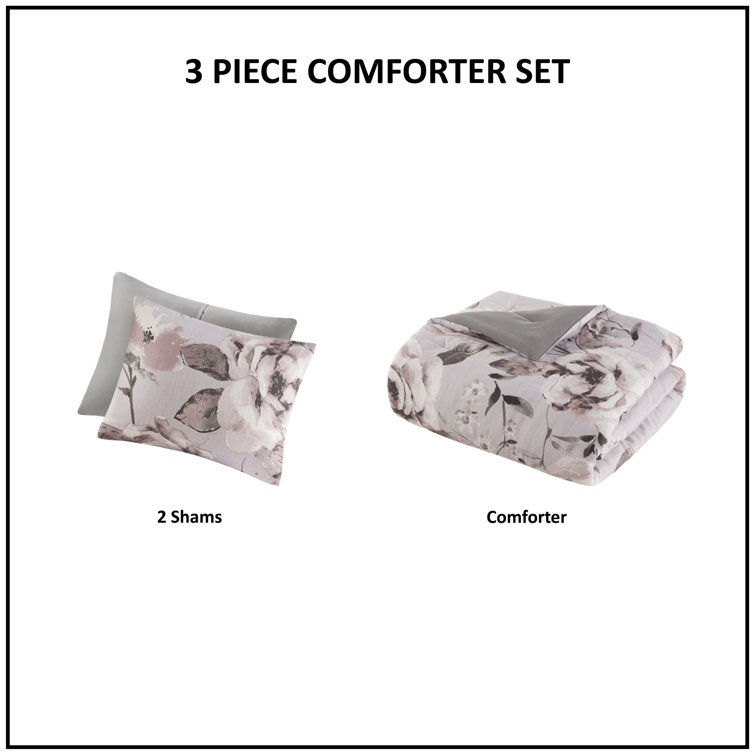 Gray Floral Microfiber Full Comforter Set with Shams