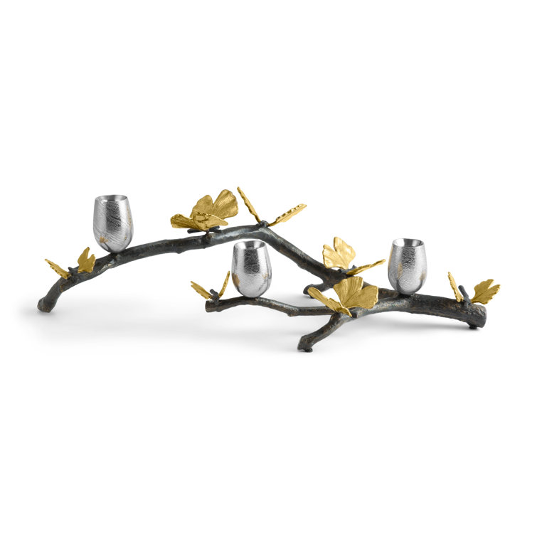 Butterfly Ginkgo Branch Brass and Nickel Candleholder