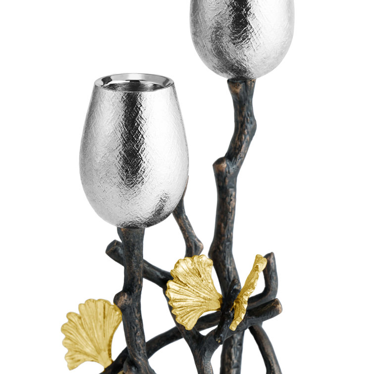 Butterfly Ginkgo Branch Brass and Nickel Candleholder