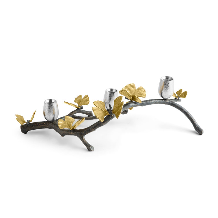 Butterfly Ginkgo Branch Brass and Nickel Candleholder