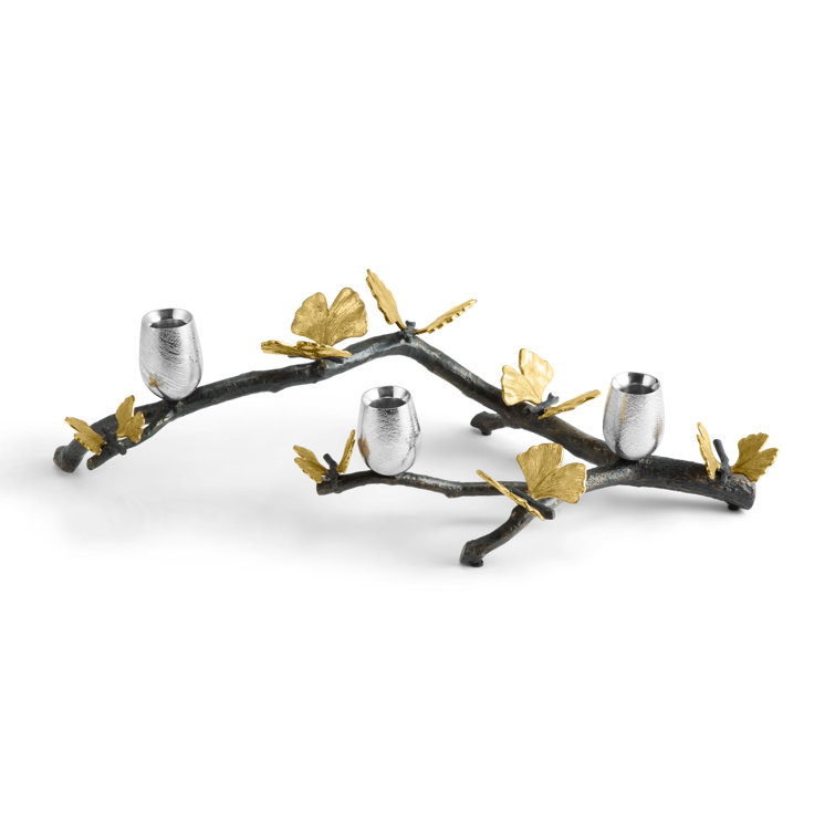 Butterfly Ginkgo Branch Brass and Nickel Candleholder