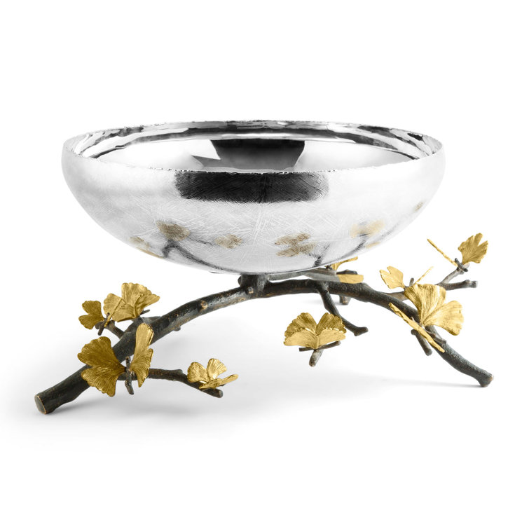 Butterfly Ginkgo Handcrafted Metal Centerpiece Bowl with Stand