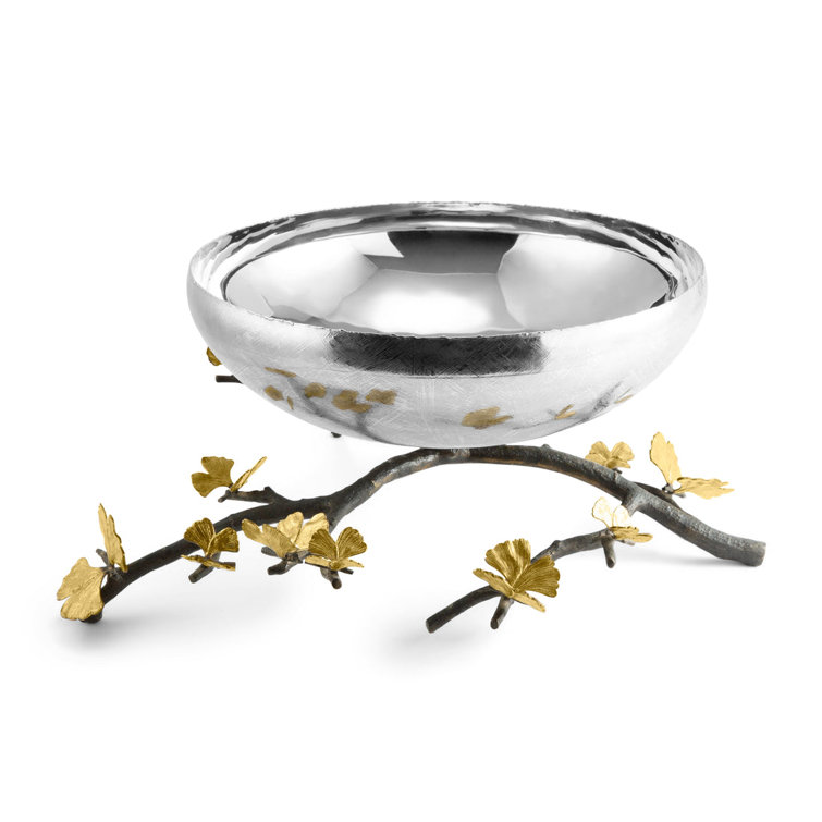 Butterfly Ginkgo Handcrafted Metal Centerpiece Bowl with Stand