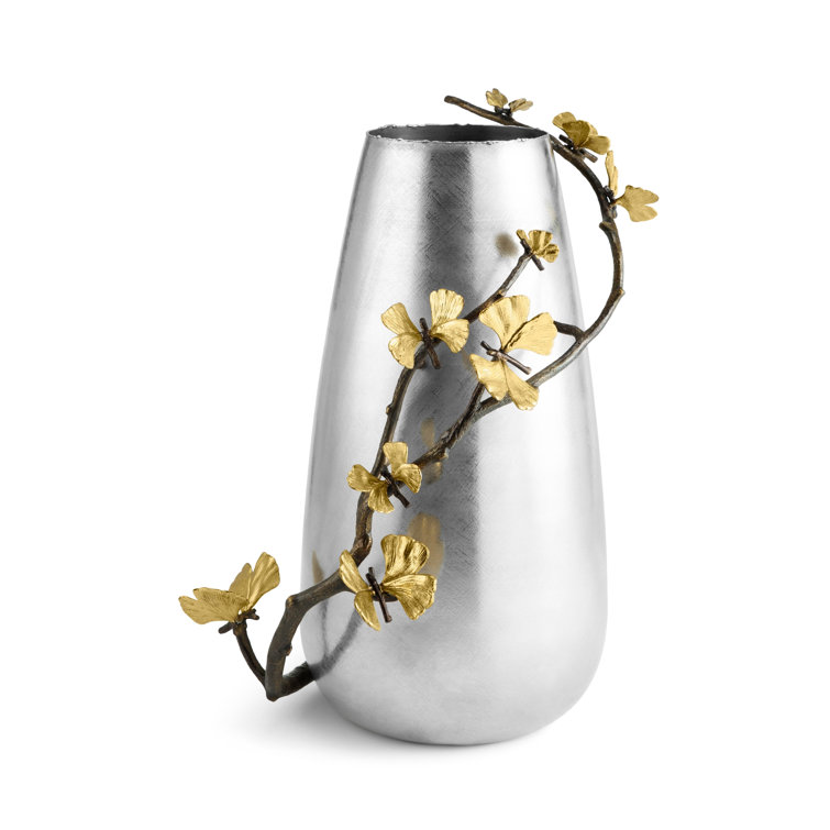Silver Metallic Gray Butterfly Ginkgo Metal Table Vase
