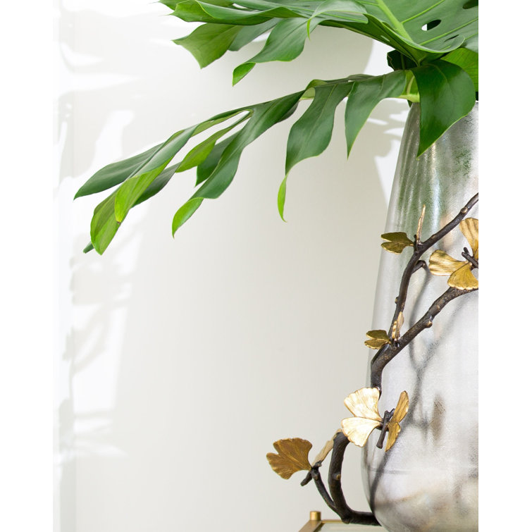 Silver Metallic Gray Butterfly Ginkgo Metal Table Vase