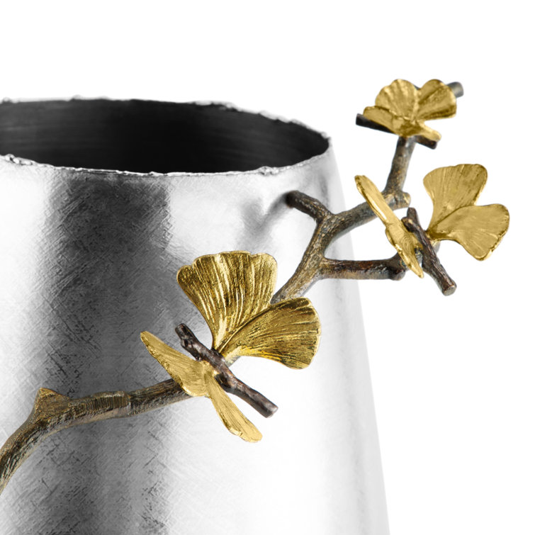 Silver Metallic Gray Butterfly Ginkgo Metal Table Vase