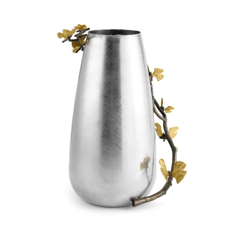 Silver Metallic Gray Butterfly Ginkgo Metal Table Vase