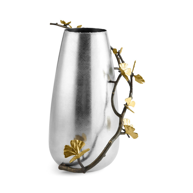 Silver Metallic Gray Butterfly Ginkgo Metal Table Vase