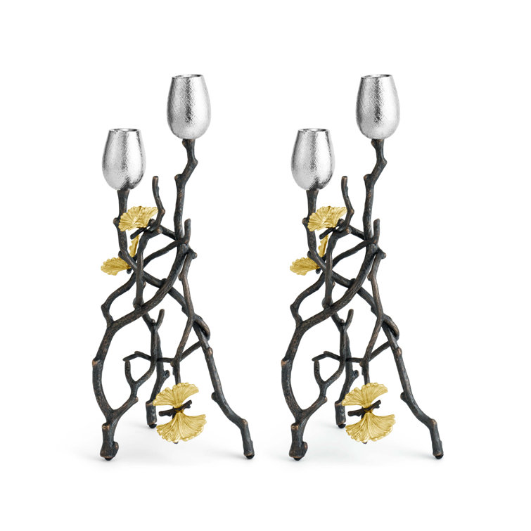 Butterfly Ginkgo Brass and Nickel Taper Candle Holders